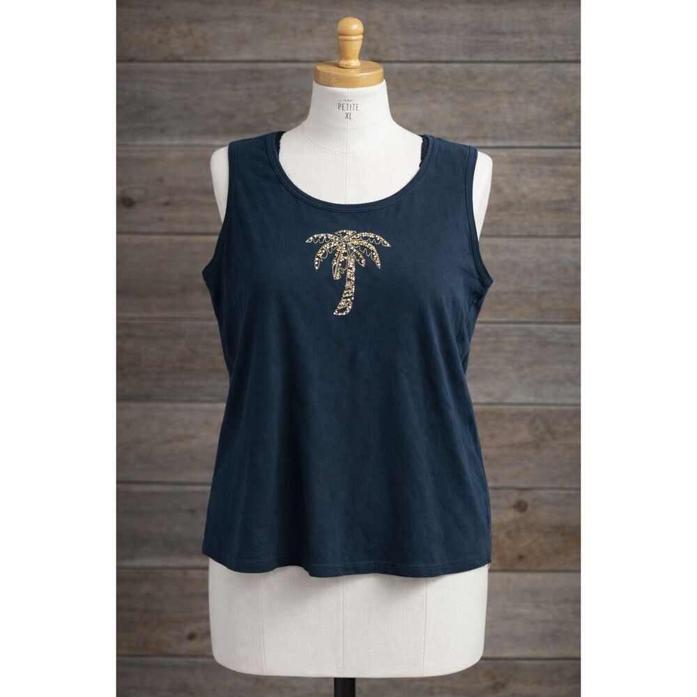 Palm Grove Petite XL Palm Tree Tank Navy Sequin Coastal Resort Top Black